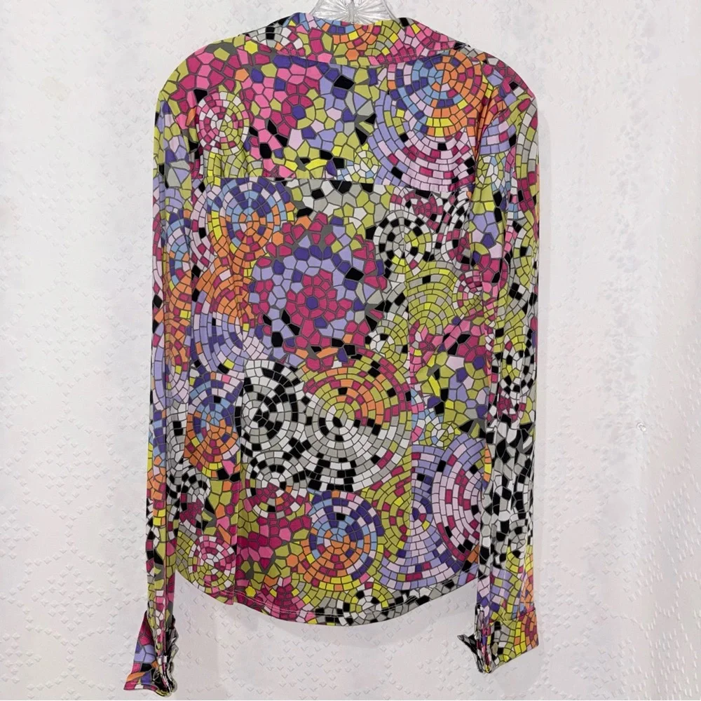 Carmen Marc Valvo Mosaic Print Button Front Blouse Stretch Long Sleeve Size Med - Picture 3 of 8